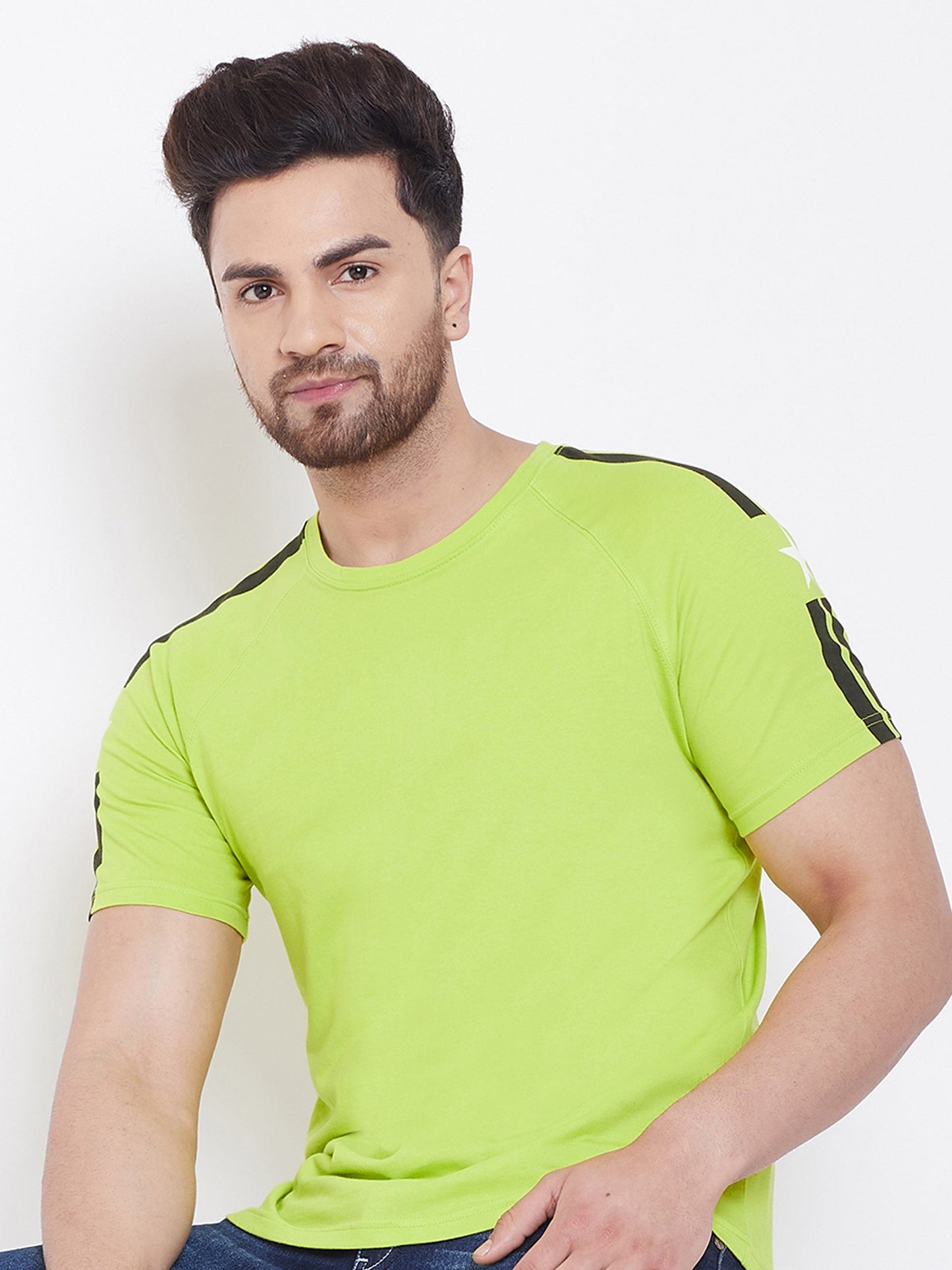 Neon Green Printed Men's Half Sleeves Round Neck T-Shirt