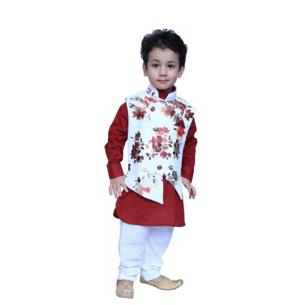 Boys Festive & Party Kurta, Waistcoat and Pyjama Set  (Maroon Pack of 1)