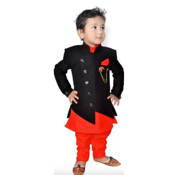 Boys Festive & Party Kurta, Waistcoat and Pyjama Set  (Red Pack of 1)