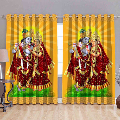 Radhe Krishna Printed Window Eyelet Temple Curtain for Pooja Room