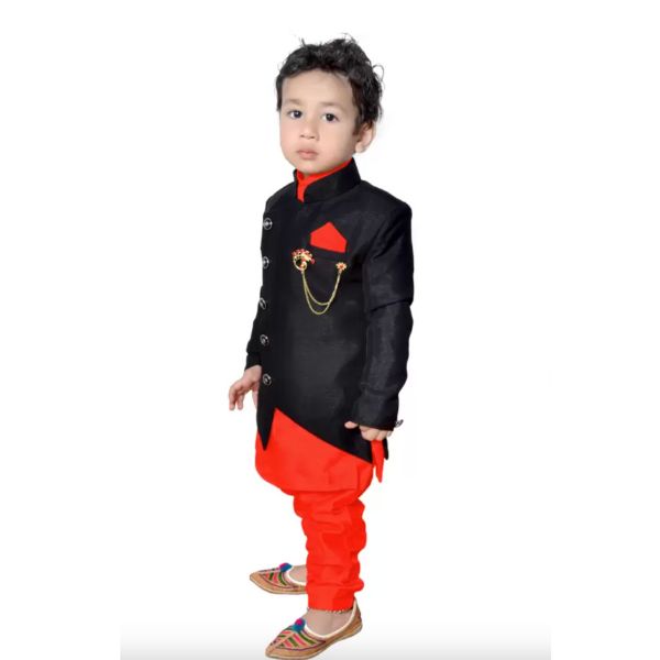 Boys Festive & Party Kurta, Waistcoat and Pyjama Set  (Red Pack of 1)