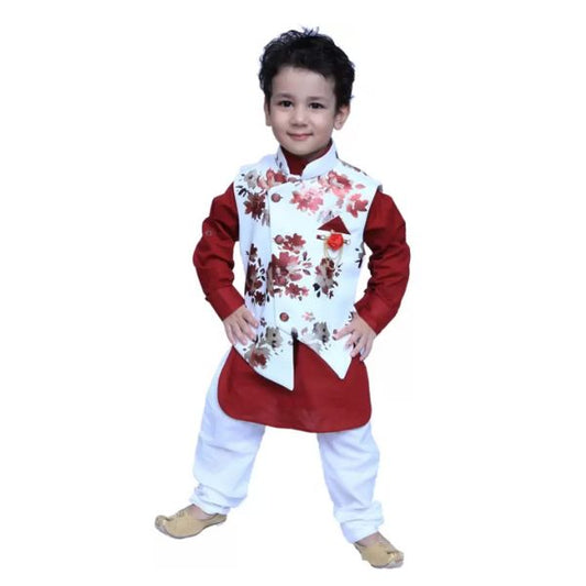 Boys Festive & Party Kurta, Waistcoat and Pyjama Set  (Maroon Pack of 1)