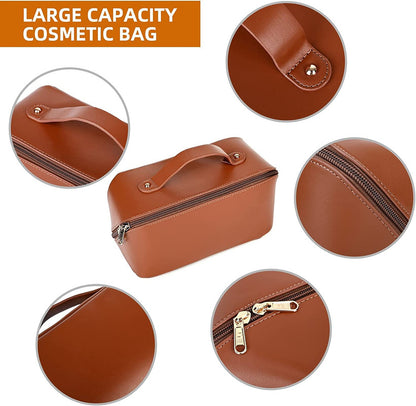 Makeup Bag Cosmetic Bag With Compartment Waterproof Pu Leather Makeup Bag(Brown)