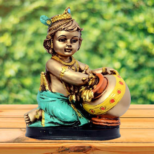 Antique Laddu Gopal Makhan Chor | Shree Krishna Idol for Home Temple and Pooja - 18 cm