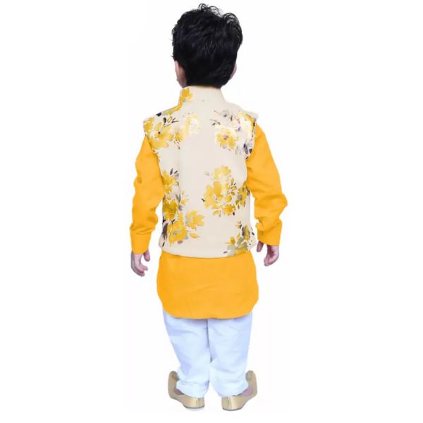 Boys Festive & Party Kurta, Waistcoat and Pyjama Set  (Yellow Pack of 1)