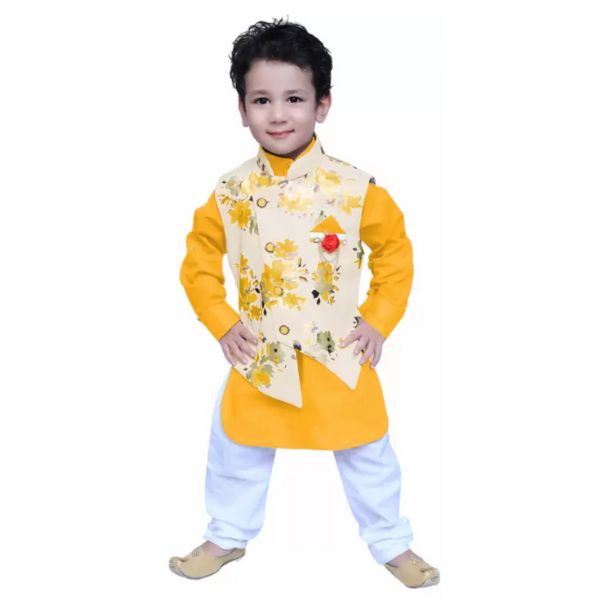 Boys Festive & Party Kurta, Waistcoat and Pyjama Set  (Yellow Pack of 1)