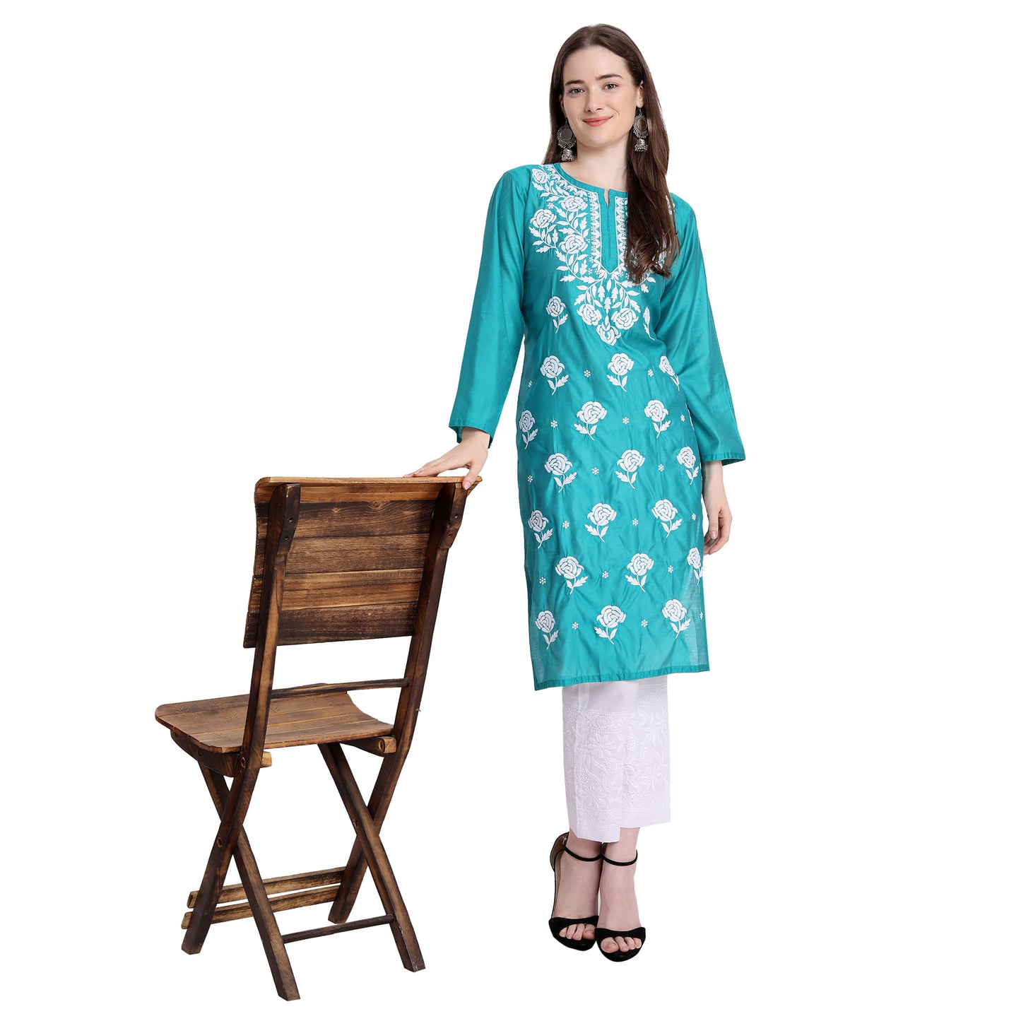 Women Chikankari Chanderi Silk Straght Kurti Roposo Clout