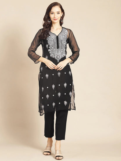 Women Lucknowi Chikankari  Straight Georgette Kurta Roposo Clout