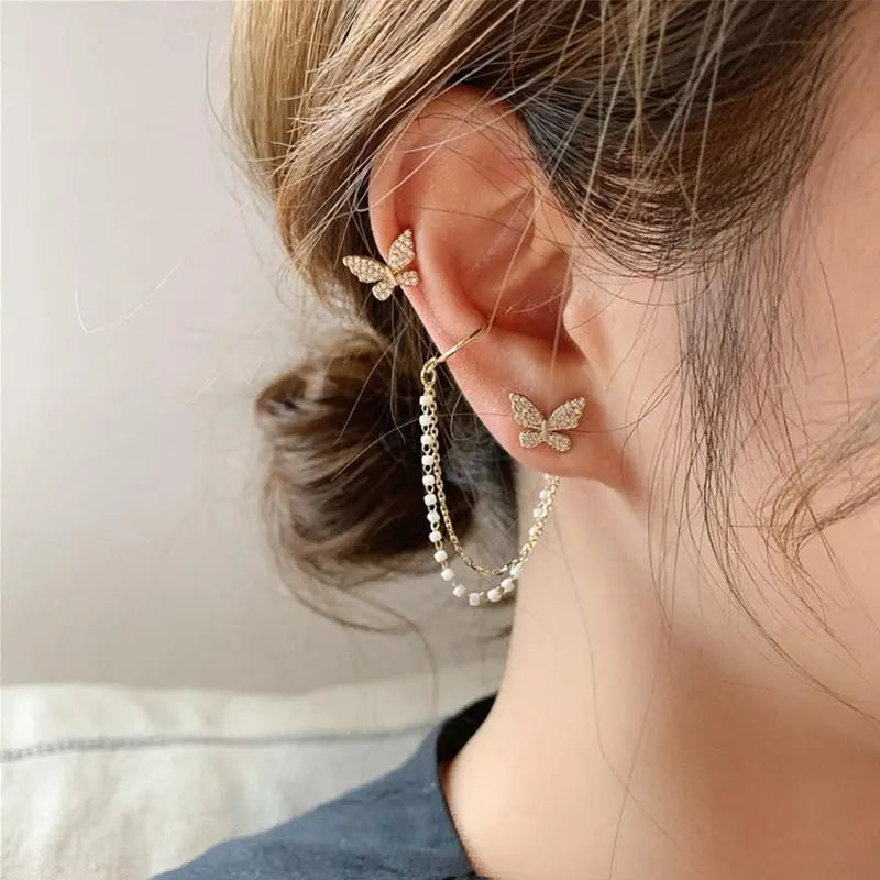 AVR JEWELS High sense of asymmetric butterfly pearl ear bone clip earrings all-in-one female super fairy tassel earrings Roposo Clout