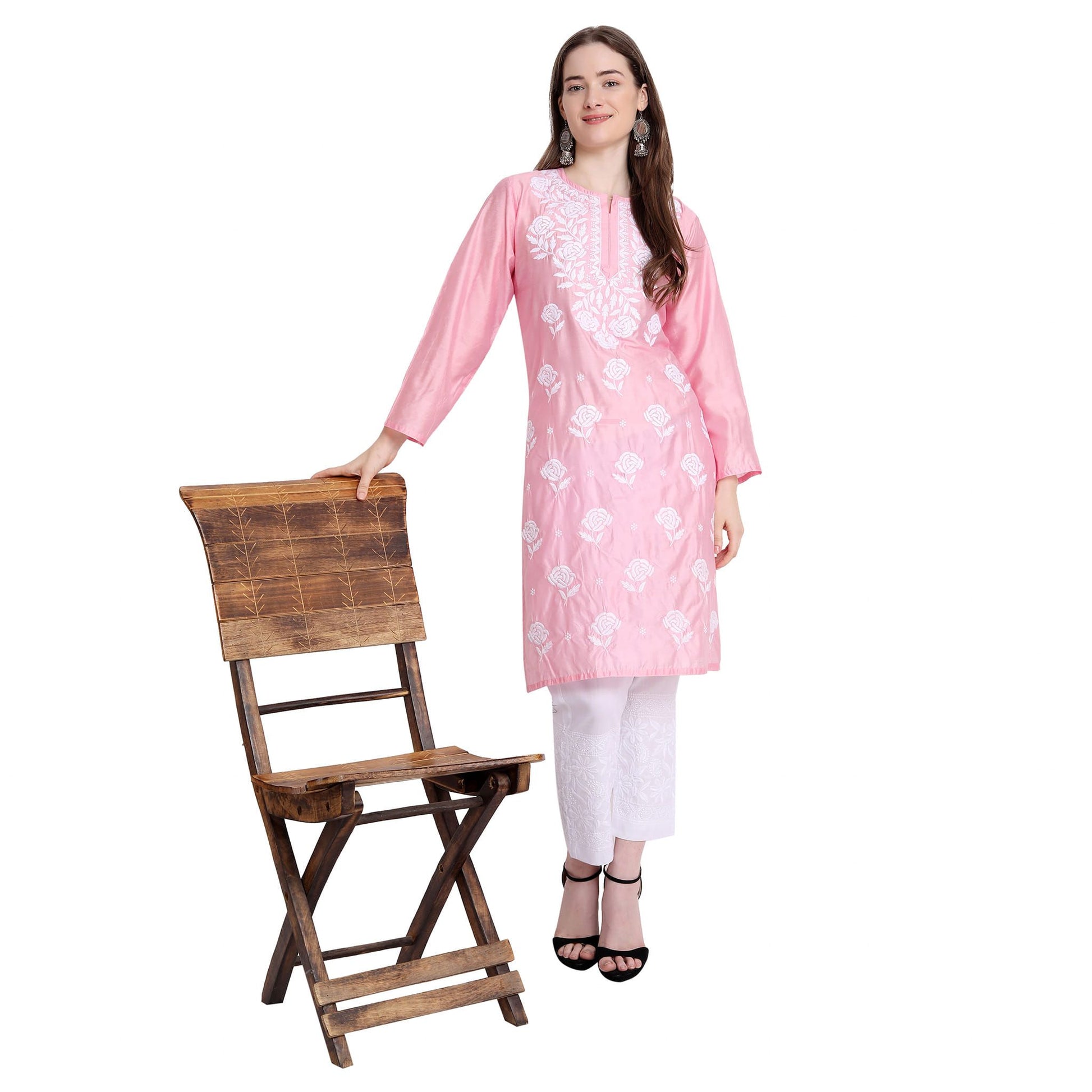 Women Chikankari Chanderi Silk Straght Kurti Roposo Clout