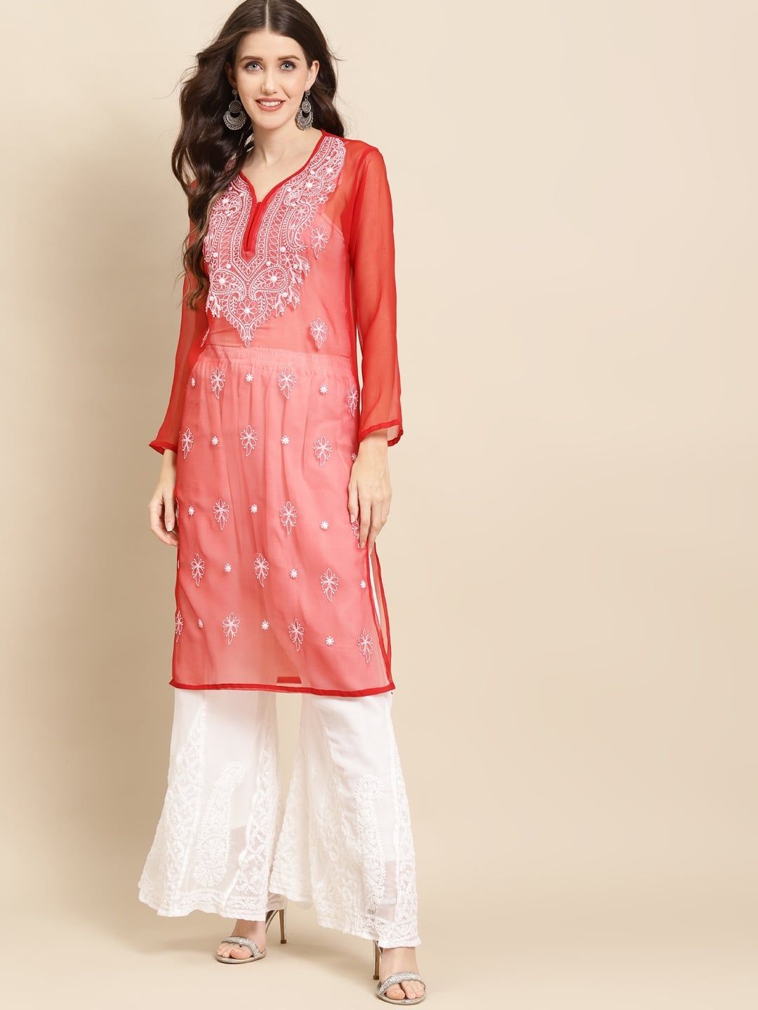 Women Lucknowi Chikankari  Straight Georgette Kurta Roposo Clout