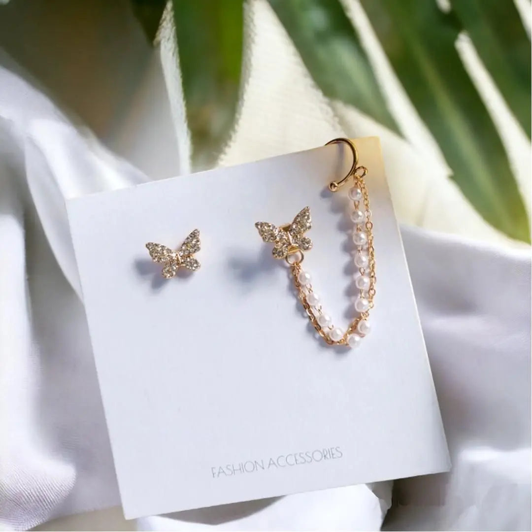 AVR JEWELS High sense of asymmetric butterfly pearl ear bone clip earrings all-in-one female super fairy tassel earrings Roposo Clout